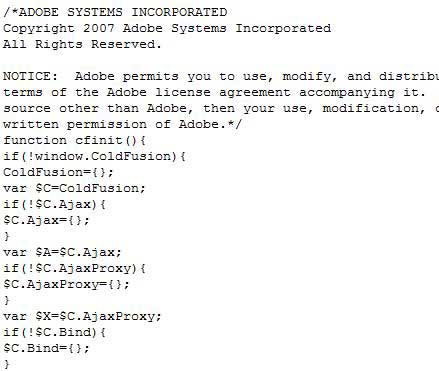 Snippet of 'View source' showing cfajax.js - CLICK TO SHOW LARGER SNIPPET