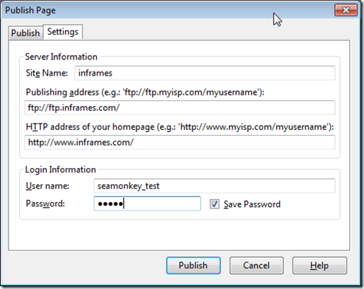 SeaMonkey Publish dialogue box - Publish Settings SeaMonkey Publish dialogue box - Publish Settings
