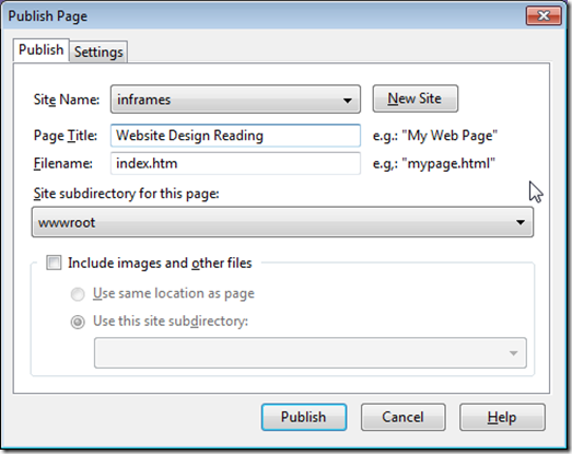 SeaMonkey Publish dialogue box - Page Settings SeaMonkey Publish dialogue box - Page Settings